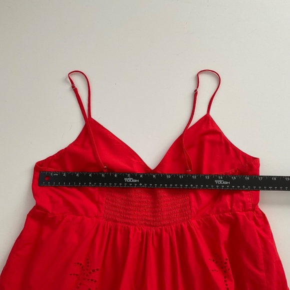 LOFT Tiered Babydoll VNeck Mini Dress Sz L Red Eyelet Boho Swing Vacation Beachy - Picture 7 of 11